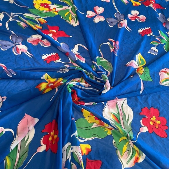 Floral Blue Multicolor Chiffon de Crépe Sheer Fabric - Picture 1 of 2